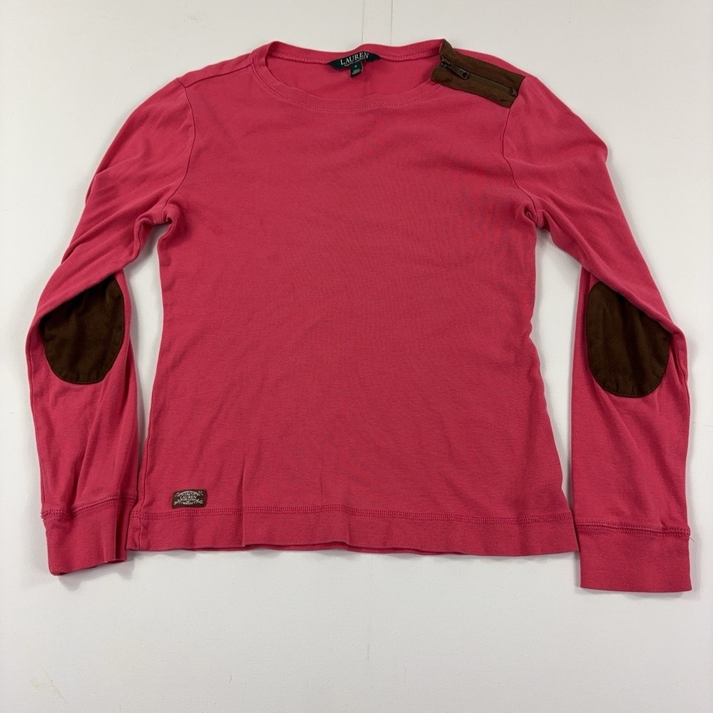 Lauren Ralph Lauren T-Shirt Womens M Pink Long Sleeve Elbow Patch Zip Shoulder